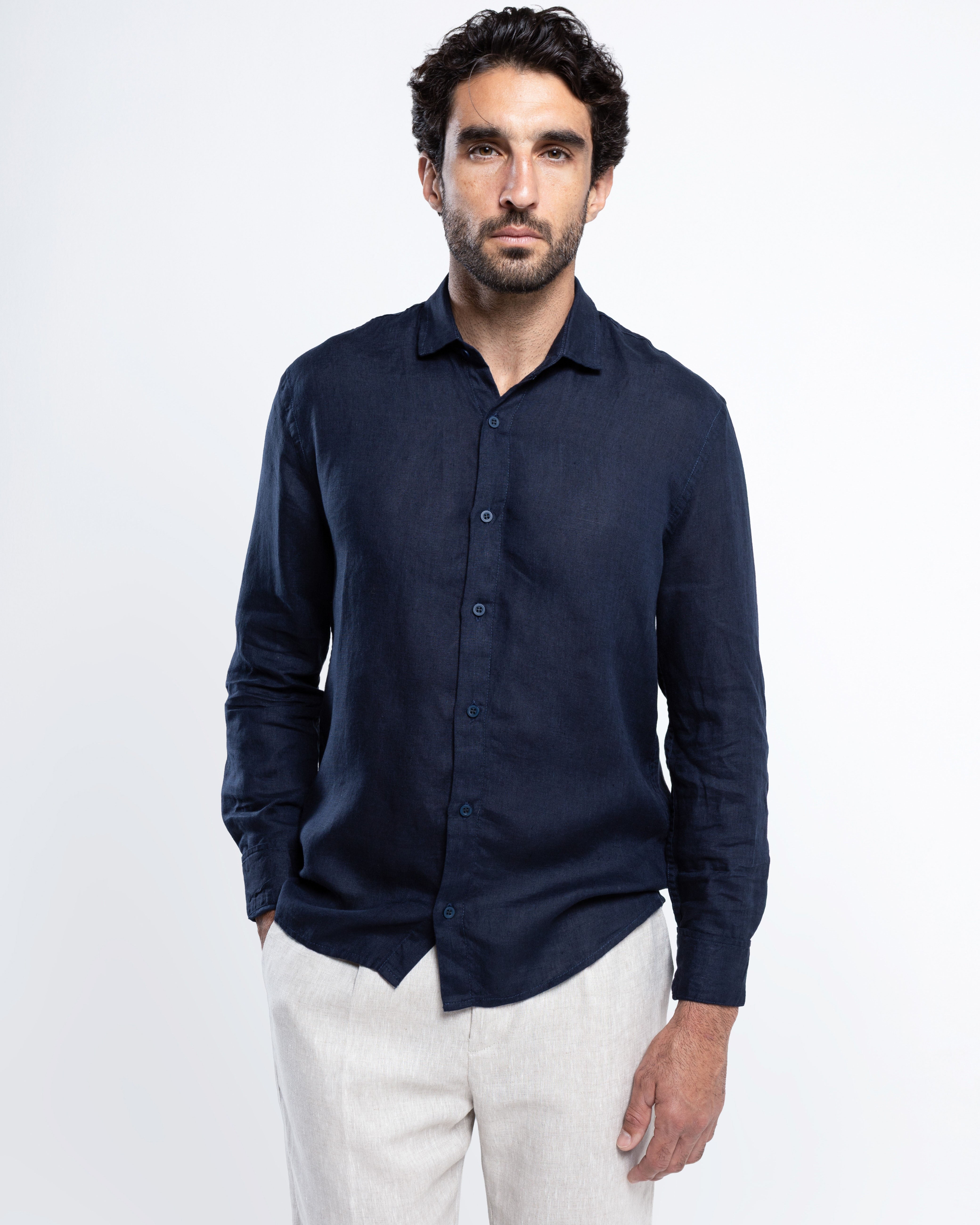 Camisa Linho Italiano Greece - Azul Marinho