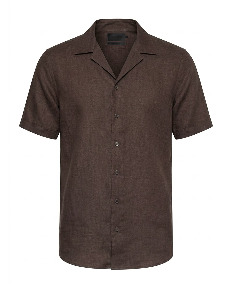 Camisa em Linho Belga Cuban Collar · Flandres - Castanho Escuro