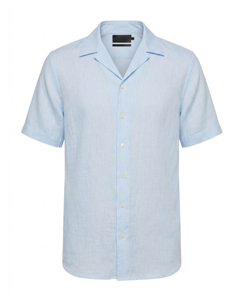 Camisa em Linho Belga Cuban Collar · Flandres - Azul Claro