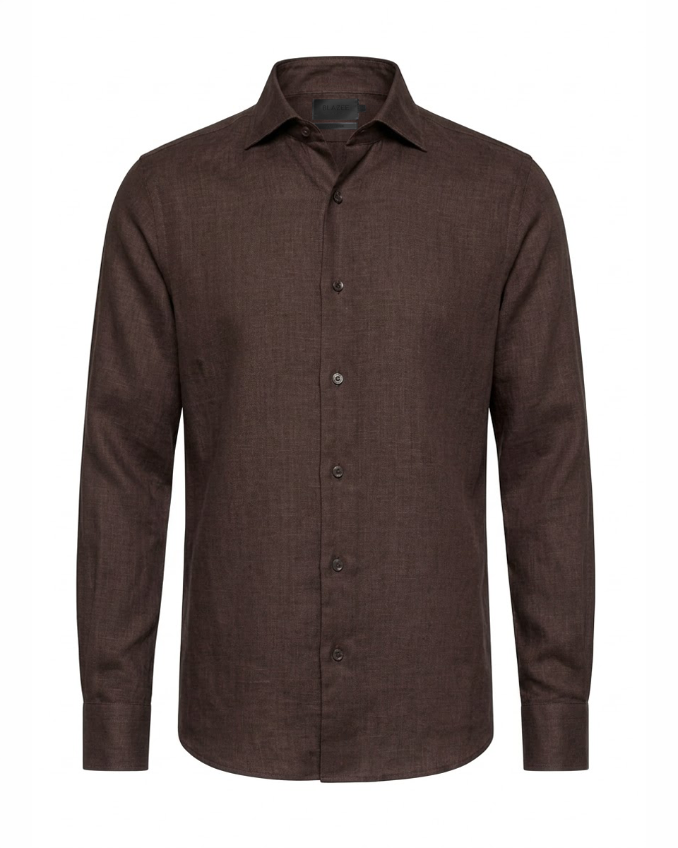 Camisa em Linho Belga Spread Collar · Flandres - Castanho Escuro
