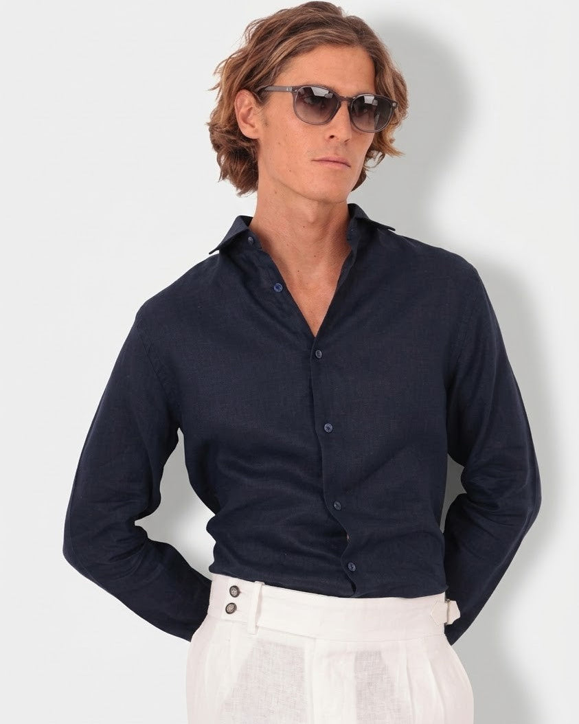 Camisa em Linho Belga Spread Collar · Flandres - Azul Marinho