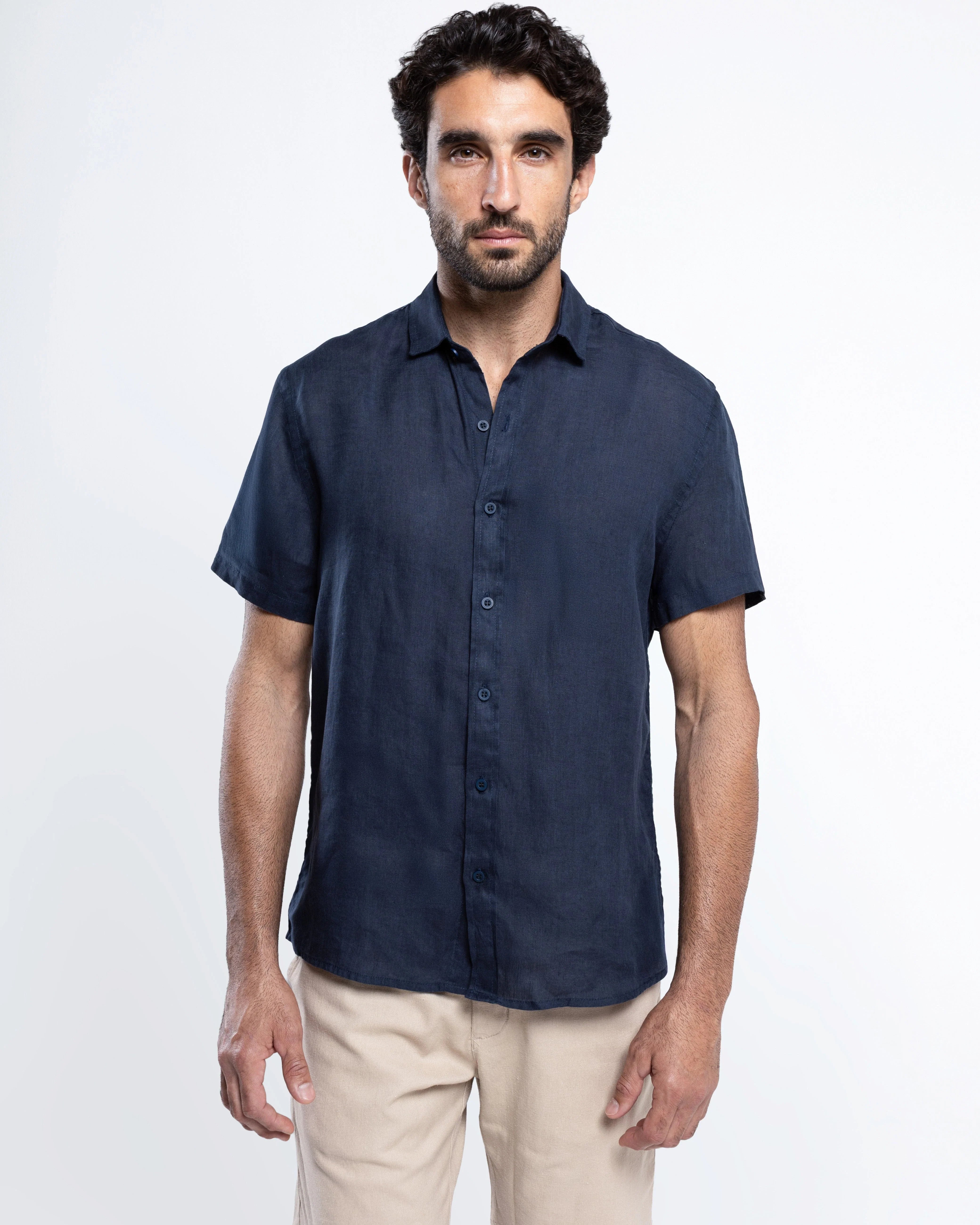 Camisa Linho Italiano Greece Manga Curta - Azul Marinho