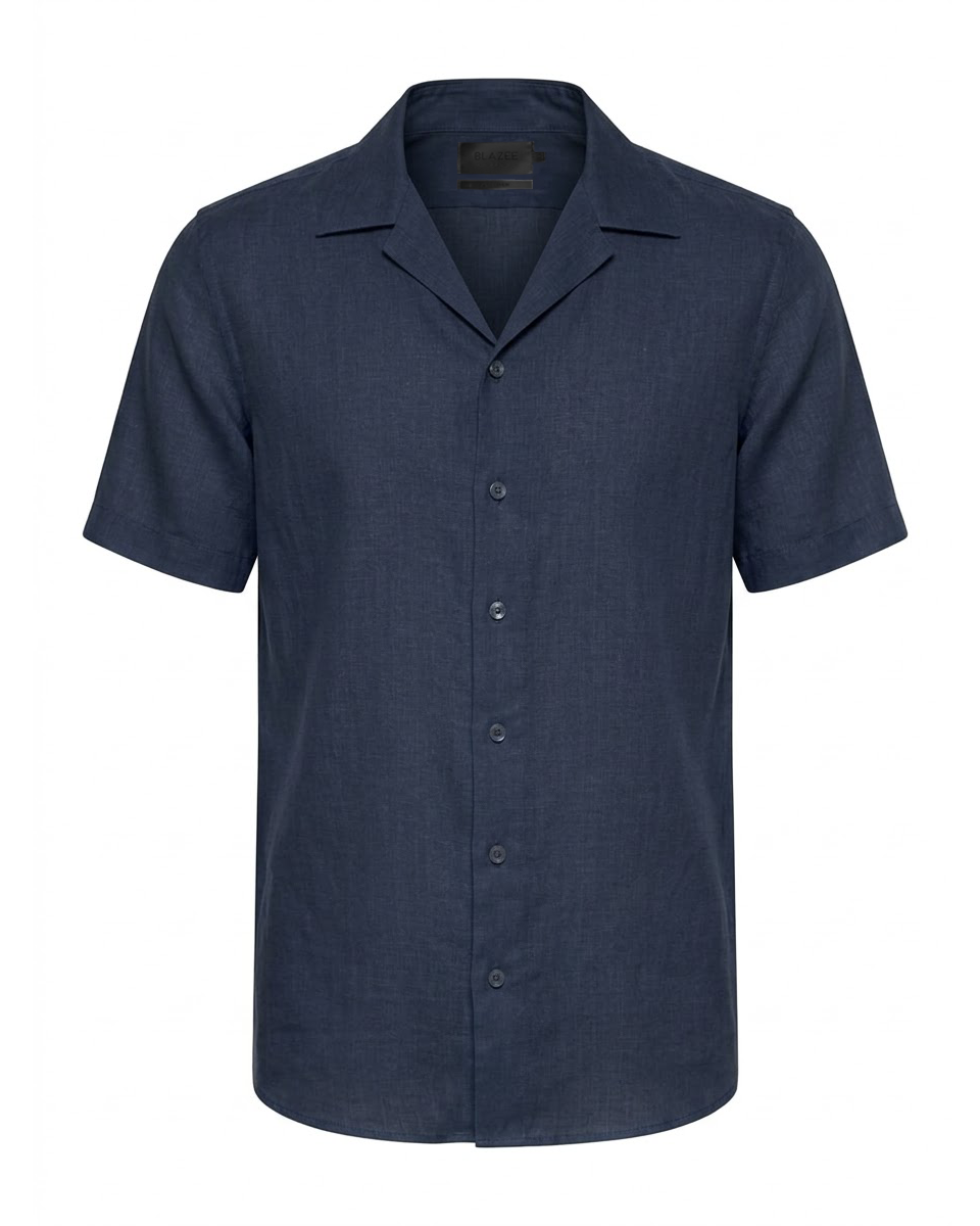 Camisa em Linho Belga Cuban Collar · Flandres - Azul Marinho