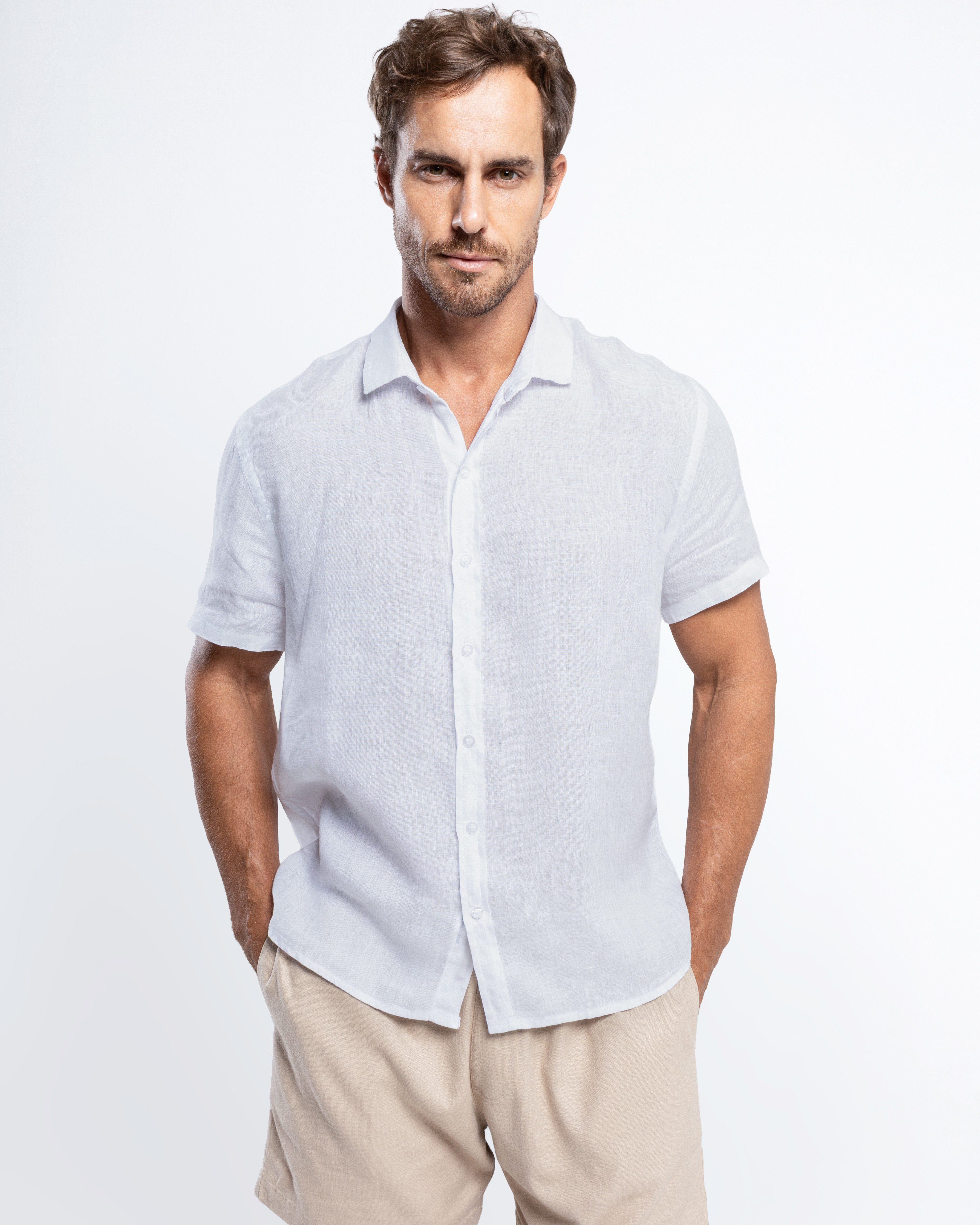 Camisa Linho Italiano Greece Manga Curta - Branco